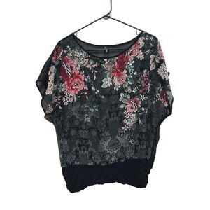 Sheer Floral Dolman Sleeve Blouson Top Black‎ Mesh Romantic Boho Gothic